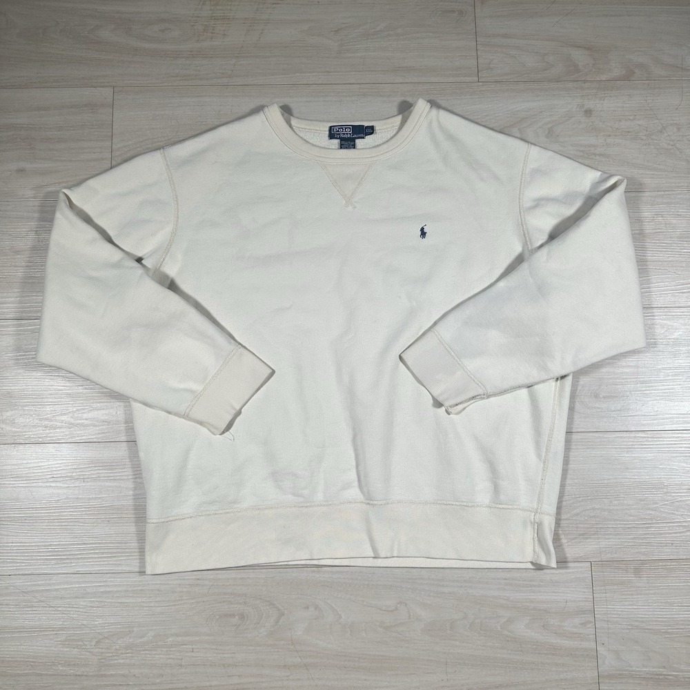 Polo Ralph Lauren Cream Cotton Crewneck Sweater Pony Logo XXL Mens Distressed 90